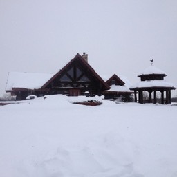 snow covered cabin small